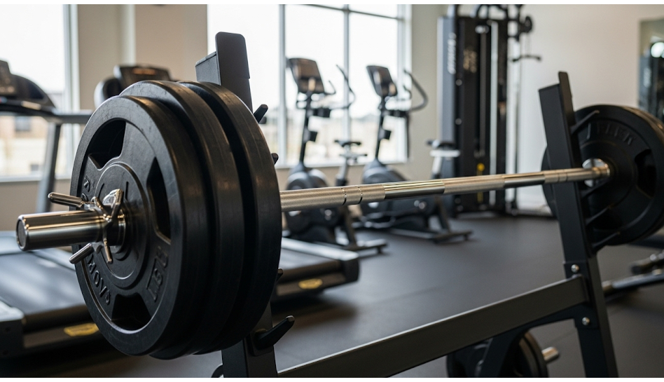 Barbel dengan beban di rak dalam sebuah gym yang terang.